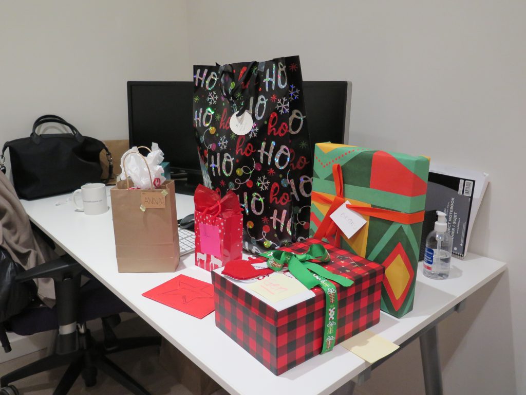 Desk at Pace Creative office filled with Holiday goodies