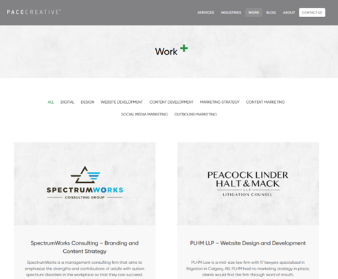 Pace Creative website's Work page