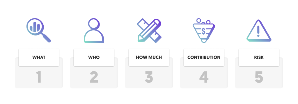 Dimensions of impact framework for product launch showing five dimensions: What, Who, How Much, Contribution, and Risk